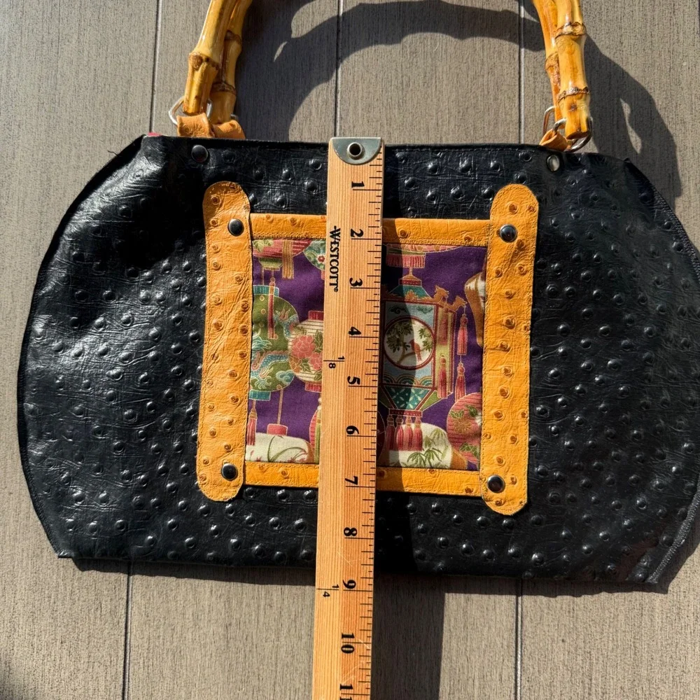 Dukes Designs Black Ostrich Embossed Bamboo Handle Handbag Asian Lantern Print